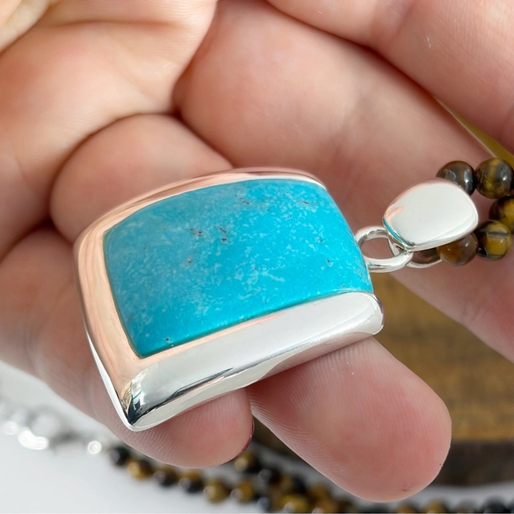 Vintage Sterling Silver 925 Turquoise Pendant Tiger’s Eye Necklace Southwest - Picture 9 of 13